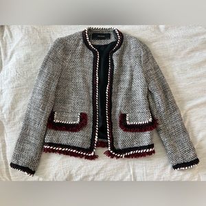 Zara Basic Black, White, and Maroon Tweed Jacket, Size S